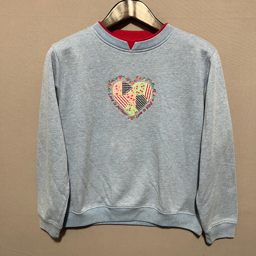 Haband Womens Blue Patchwork Heart Love is Patient Sweatshirt L Double Collar